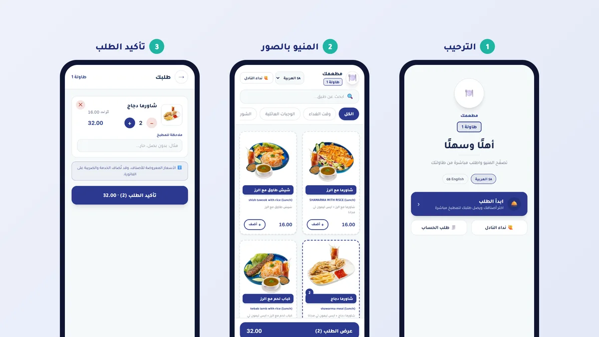 خطوات الطلب من الطاولة عبر رمز QR في بدلكس: الترحيب ثم المنيو بالصور ثم تأكيد الطلب